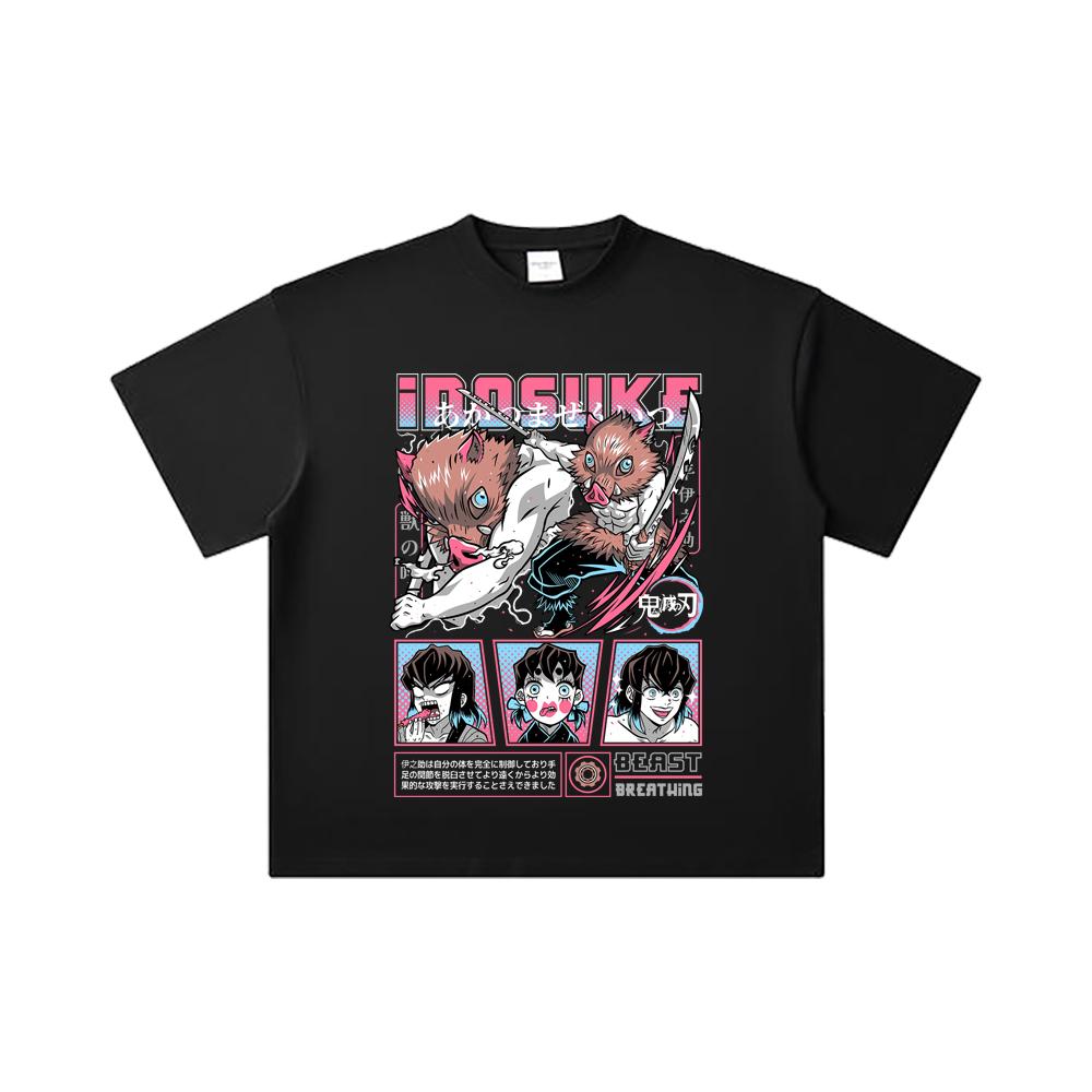 260 GSM Double Yarn 32 Count 100% Cotton Demon Slayer V28 Inosuke Print Unisex Heavy Cotton T Shirt