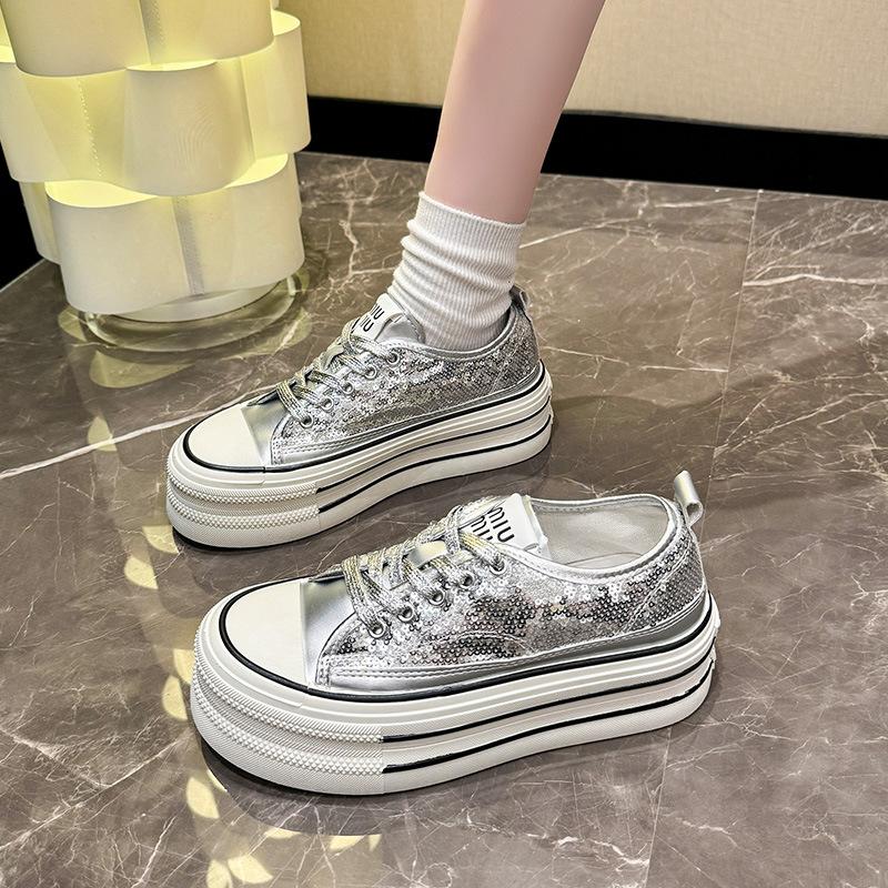 Special platform sequined espadrilles women's 2025 summer new versatile casual board shoes small height increase white shoes