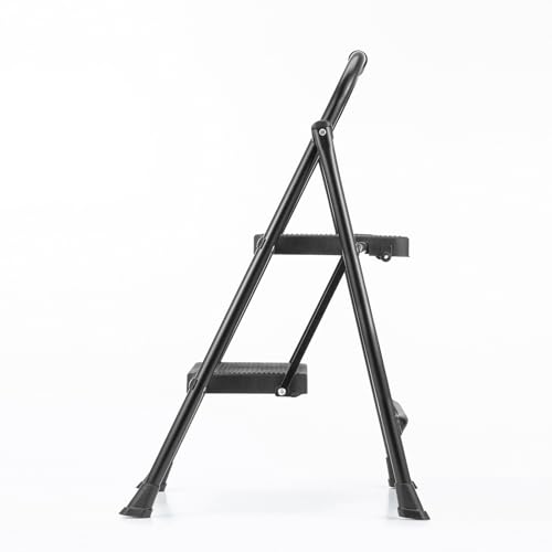 Sanwa Supply STL-1 2-Step Folding Stepladder, 150kg Weight Capacity, Steel Frame, Black