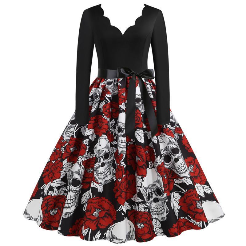 In-Stock 2021 Halloween Skull Print V-Neck Flared Dress with Ribbon M