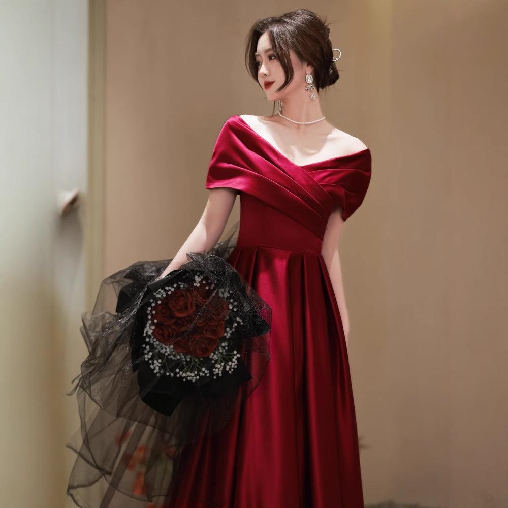Black Slim Evening Dress Dress Women's 1011 Summer Large Size One-word Shoulder Long Banquet Temperament Long Annual Meeting Dress