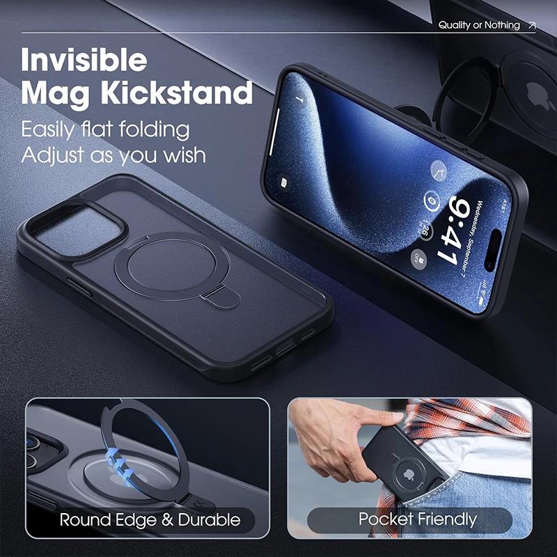 Metal Ring Stand Matte Magnetic Case for Magsafe IPhone 17 Air 15 14 13 12 11 16 Pro Max Plus with Lens Protector Mac Safe Cover