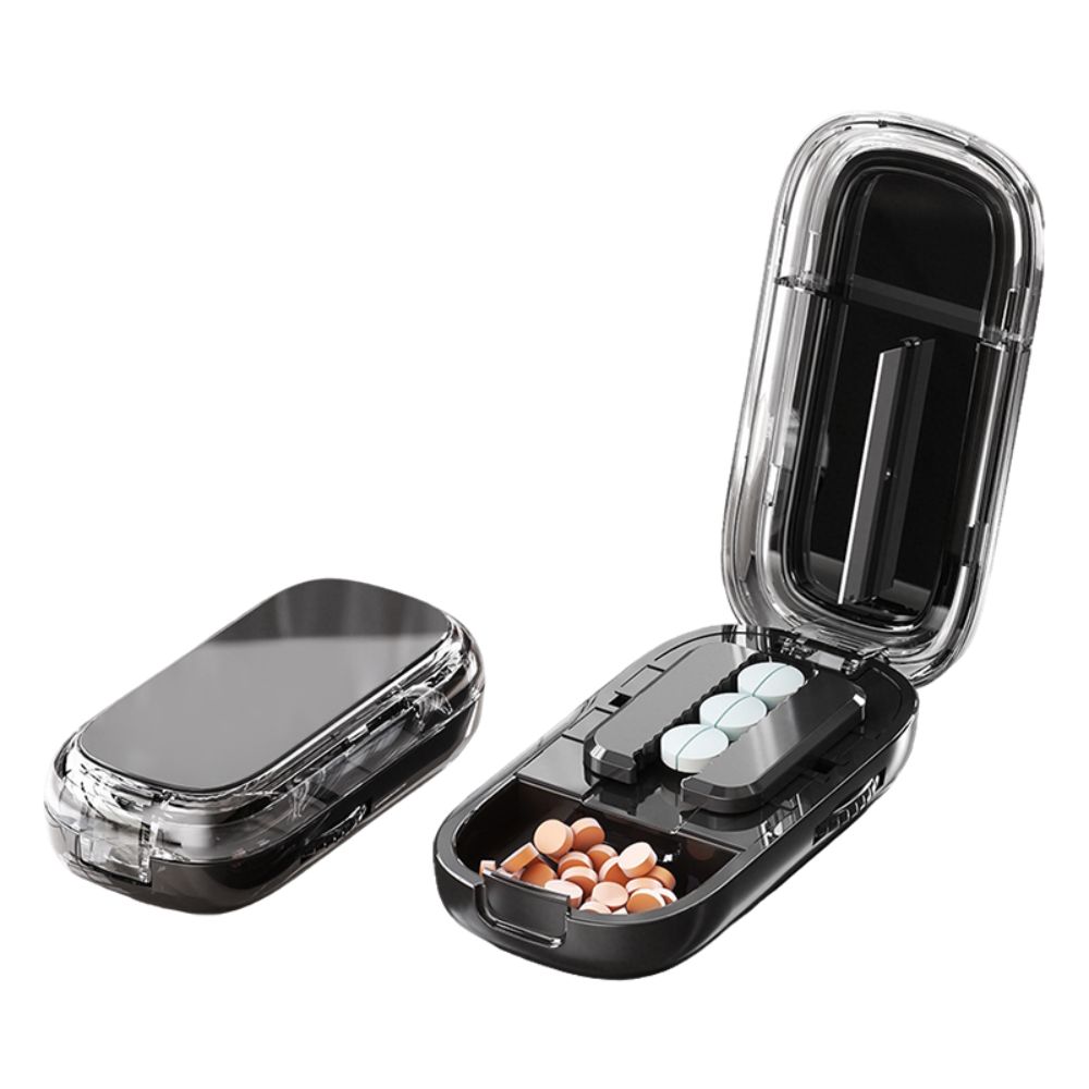 2-in-1-Design Halbe Pillenteiler Einstellbarer Teiler Organizer Medikamenten-Organizer Staubdichte Pillendose für kleine oder große Pillen