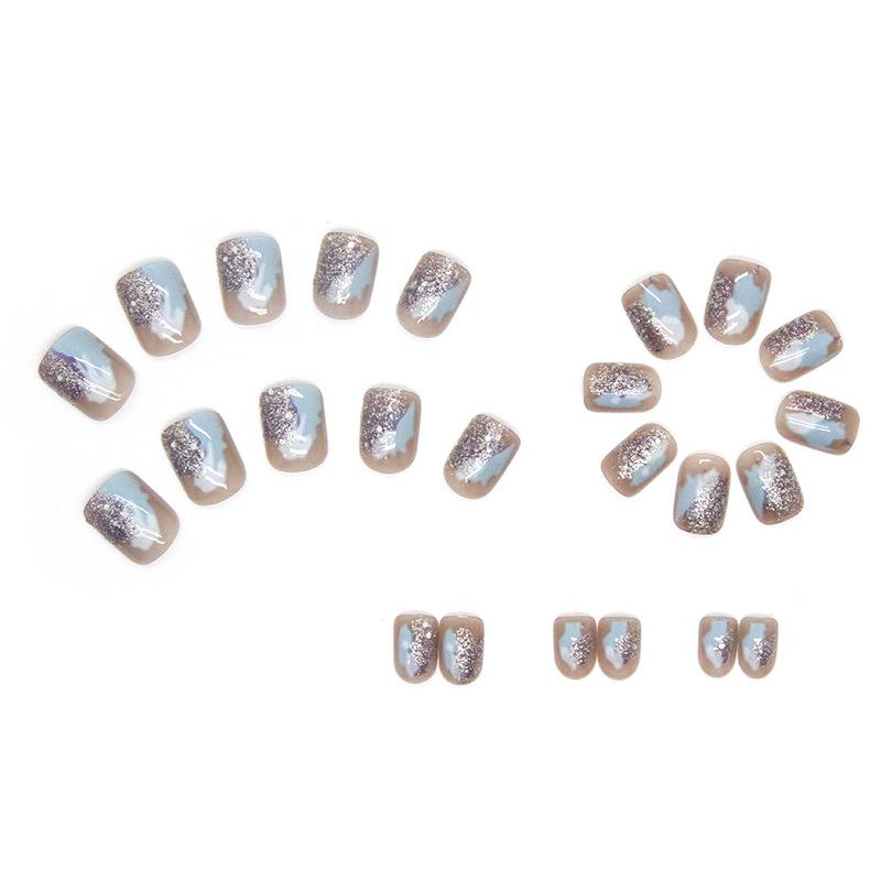 Short square wearing nail pads 24 pieces in a box of blue and white flash fragments to show white fake nails