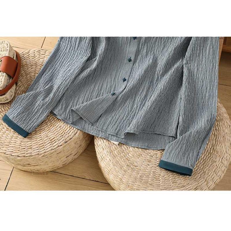 Early Spring Art Versatile Color Blocked Small Checkered Shirt Retro Small Collar Long Sleeve Checkered Top Shirt Blouses & Shirts