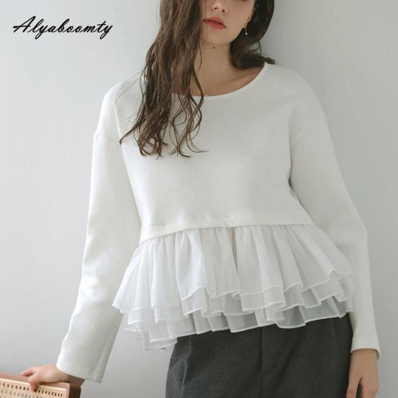 Korean Style Spring Autumn Women Hoodies O Neck White Gray Black Patchwork Mesh Ruffles Sweatshirt Casual Loose Ladies' Stylish Top