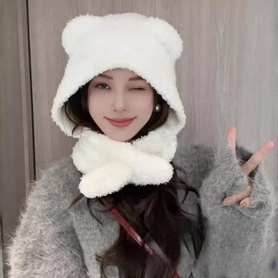 Versatile Knitted Warm Neck Scarf Integrated Bear Ear Protection Hat