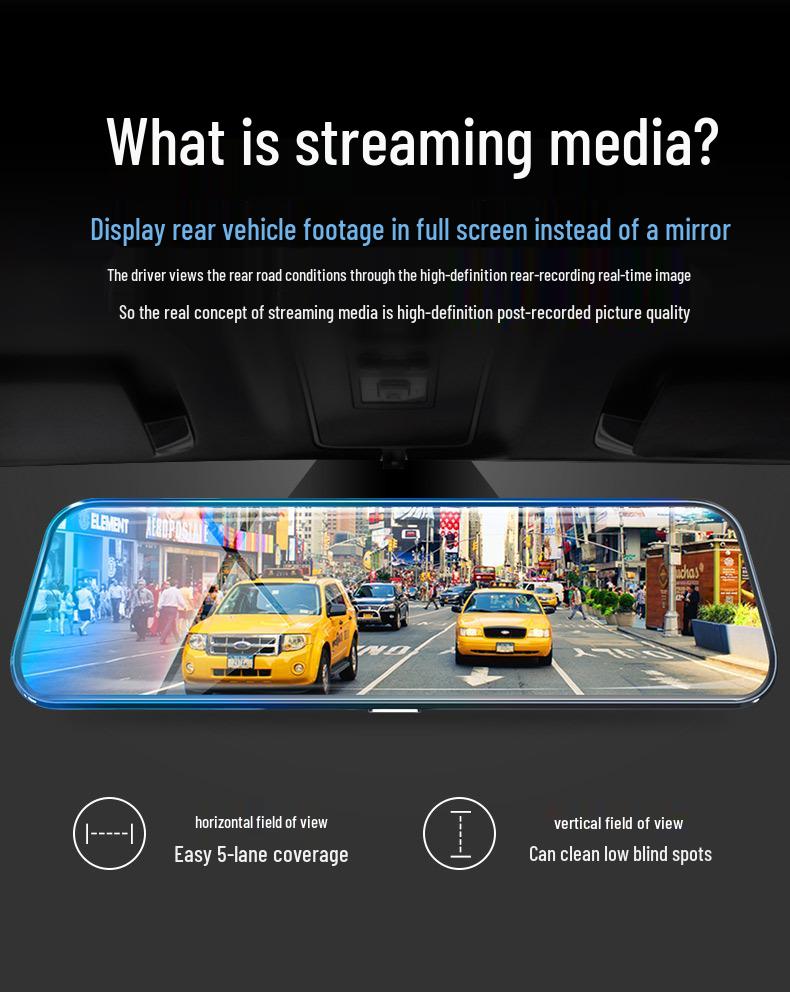 10" HD Dash Cam with Night Vision & Reversing Camera - New Streaming Media Rearview Mirror Recorder.