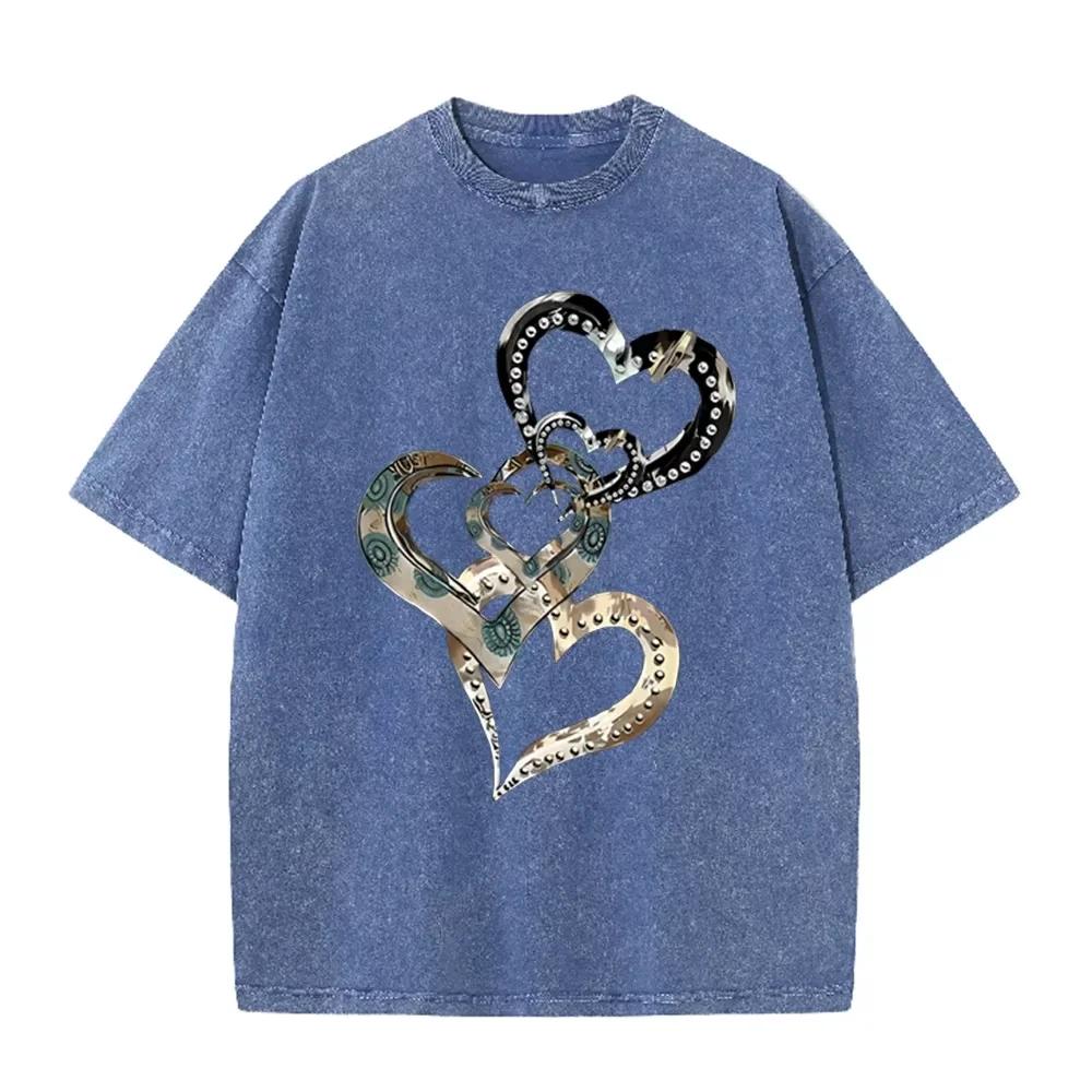 Y2K Punk 3D Chrome Heart Print Vintage Distressed Washed Tee Rivet Detail Loose Fit Short Sleeve T Shirts