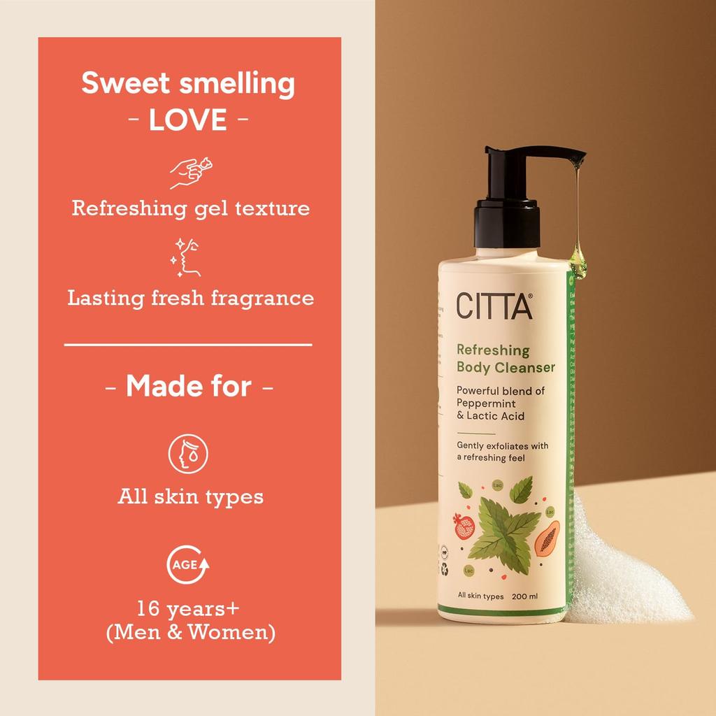 CITTA Refreshing Body Cleanser For Men & Women | Gently Buffs Away Dead, Dull Skin | Non-Drying, Nourishing Formula | 200 Ml