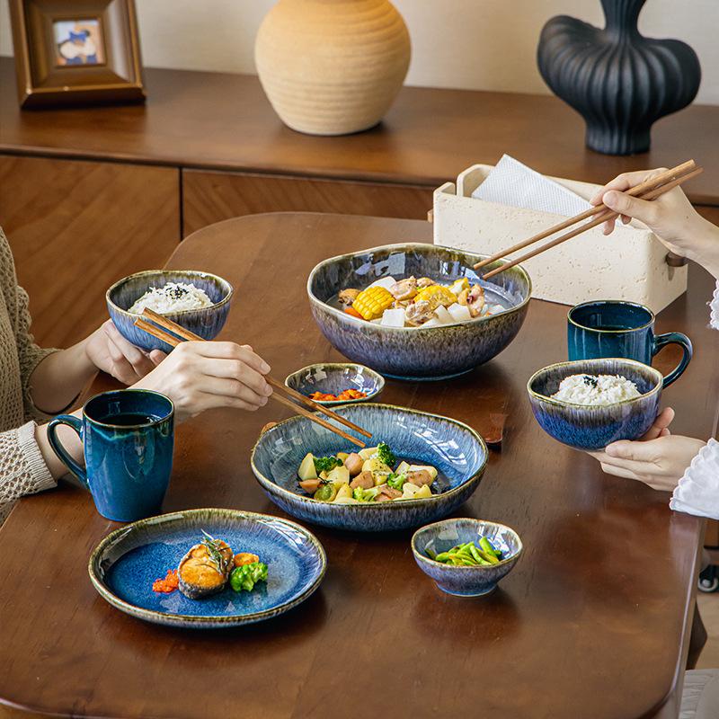 Retro Ceramic Tableware Plates, Deep Plates, Household Large Vegetable Plates, Kiln-Changed Glazed Vegetable Bowls, Soup Bowls, Restaurant Export
