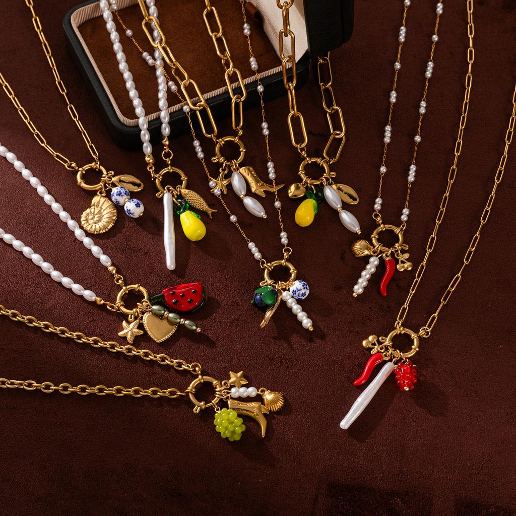 Stainless steel fruit heart boots ins high-end feeling collarbone chain pearl starfish necklace gold-plated