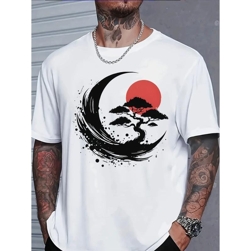 Men's Casual T Shirt Japanese Art Bonsai Tree Red Sun White Crescent Graphic Tee Men's Fashion Daily Wear