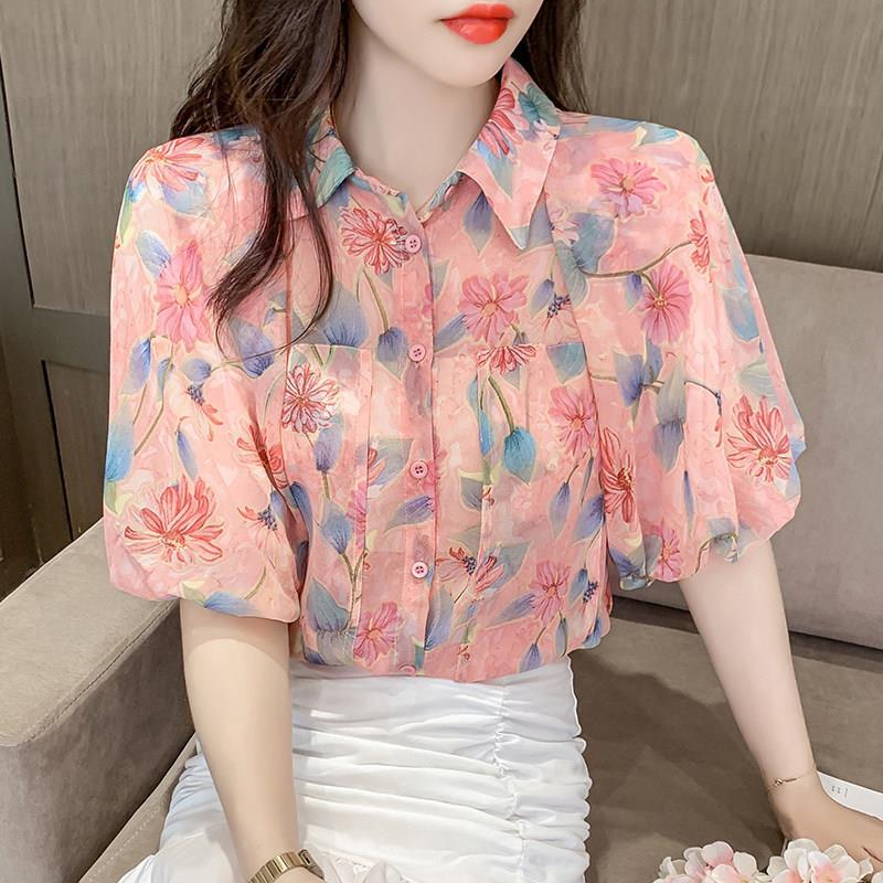 

WTEMPO Брендовая летняя шифоновая рубашка с пузырьковым принтом и универсальными тонкими топами с милым принтом. XL розовый