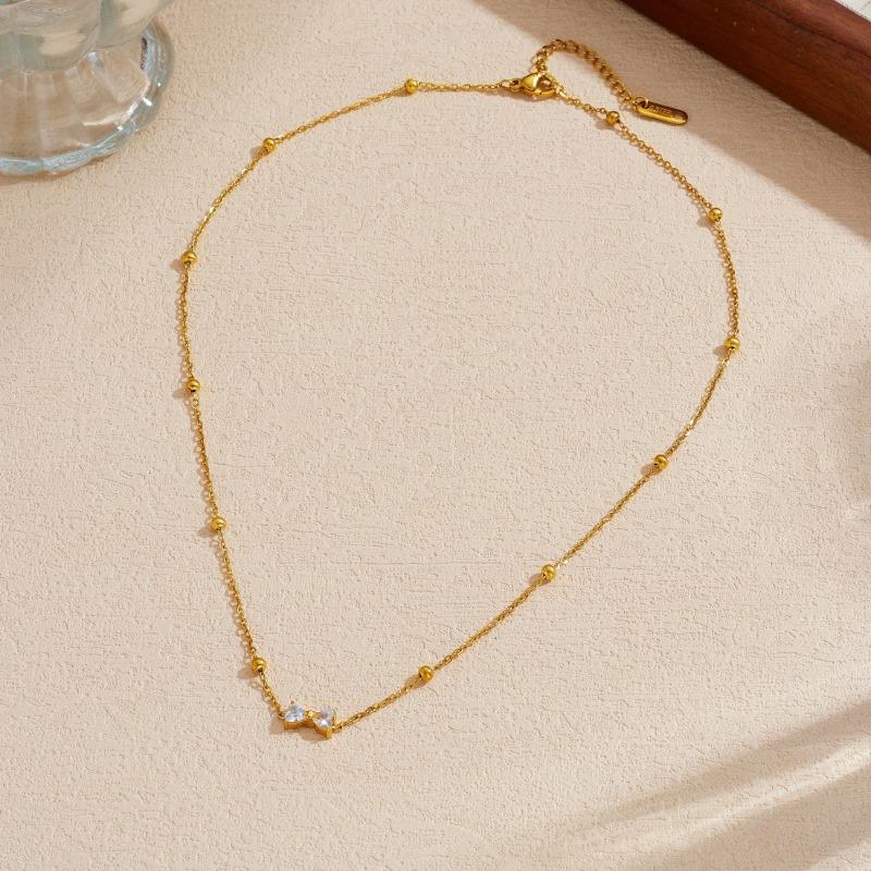 Gold Plated Bow Pendant Necklace with Beaded Chain Delicate Cubic Zirconia Choker золотой