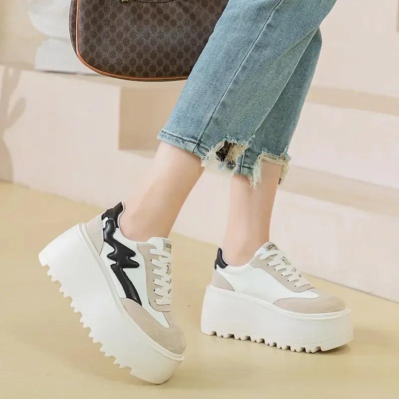 High Quality 8cm Women Chunky Sneakers New Fashion Autumn Spring Shoes Cloth Pigskin Casual Platform Wedge Pumps Genuine Leather