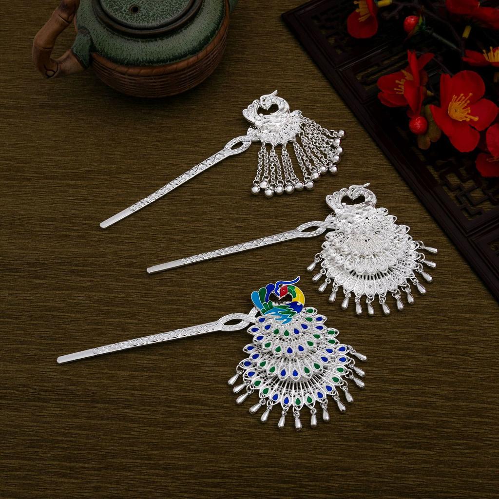 Ethnischer Stil Imitation Miao Silber Bunt Tropföl Pfau Haarnadel Retro Touristenattraktionen Schmetterling Blumen Stufen-Schüttler Haarnadel Damen
