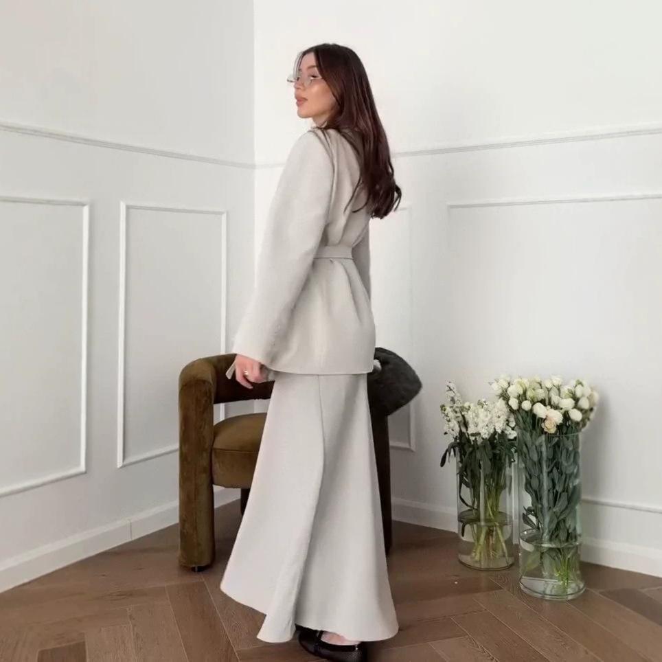European and American Amazon women's new V-neck long-sleeved lace-up waist suit jacket high waist long skirt set