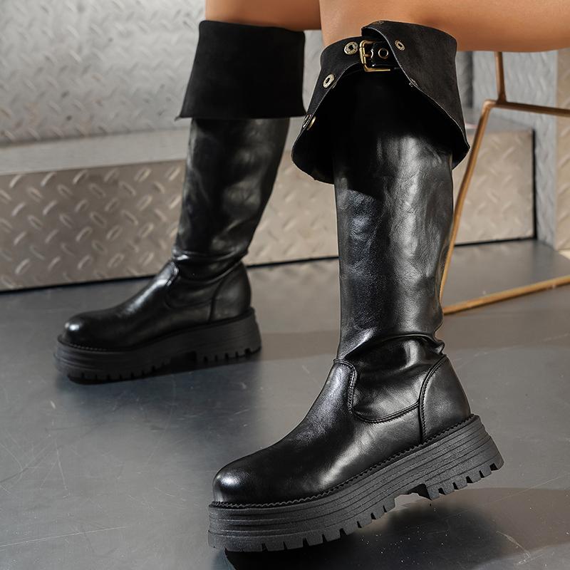 Autumn Winter New Thick Sole Increase Knee High Boots Women Brown PU Leather Ladies Long Boots Chunky Platform Punk Botas Mujer
