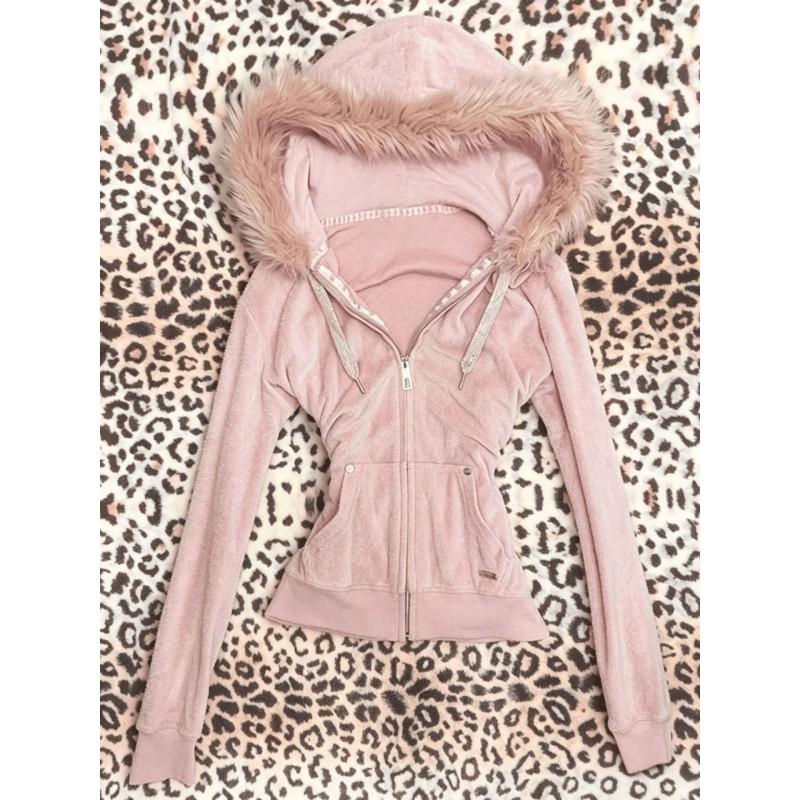 Y2K Retro Chic Hooded Crop Sweatshirt Women With Faux Fur Trim Zipper Front Slim Fit Long Sleeve