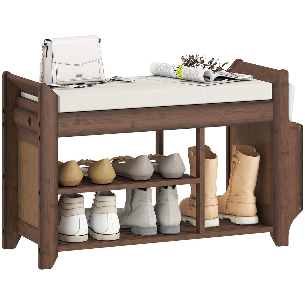 Shoe Bench 2-Tier Boot Section Entryway Storage Bench Cushioned Seat 80 X 30 X 50 Cm Dark Brown and Cream