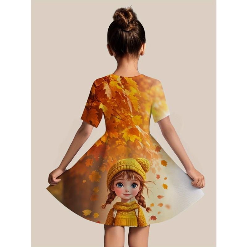 Girls' Short-Sleeve Dress with Unicorn 3D Print - -Line Mid-Length Dress Suitable for Summer &
