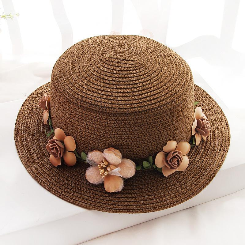 

Parent-child Summer New Women s Sun Hat Bucket cap beige lace Bowknot Flowers Ribbon Flat top Straw Hat Beach Caps Panama child 48-52cm