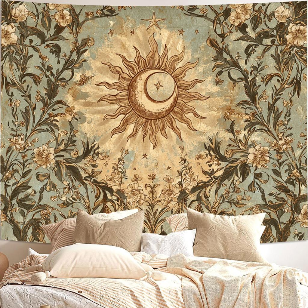 VIKAMA Tapisserie Rétro Soleil Lune Fleur Style Bohémien Mystérieux Tarot Salon Mur de Fond Canapé Décoration de Pièce