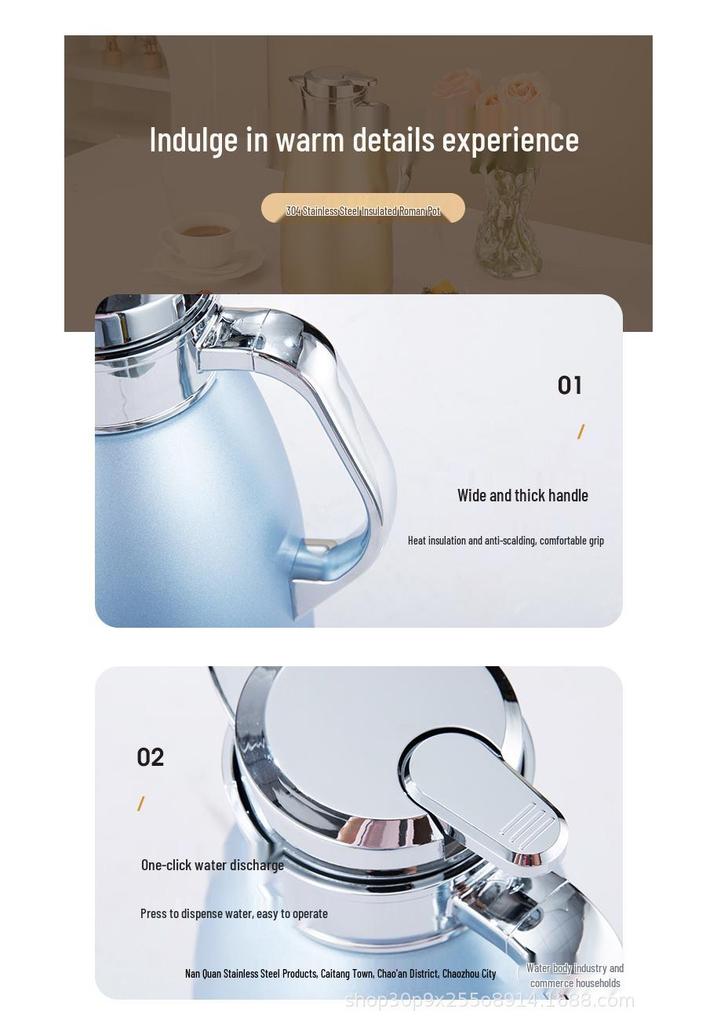 304 Stainless Steel Roman Pot Vacuum Insulated Hot Water Kettle for Home and Commercial Use