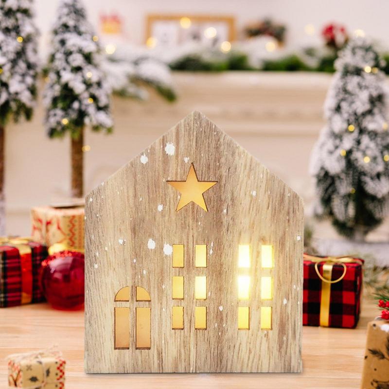 Rustic Style Wooden House Lantern Christmas House Shape Lamp Tabletop Centerpiece Ornament For Christmas New Year Decoration