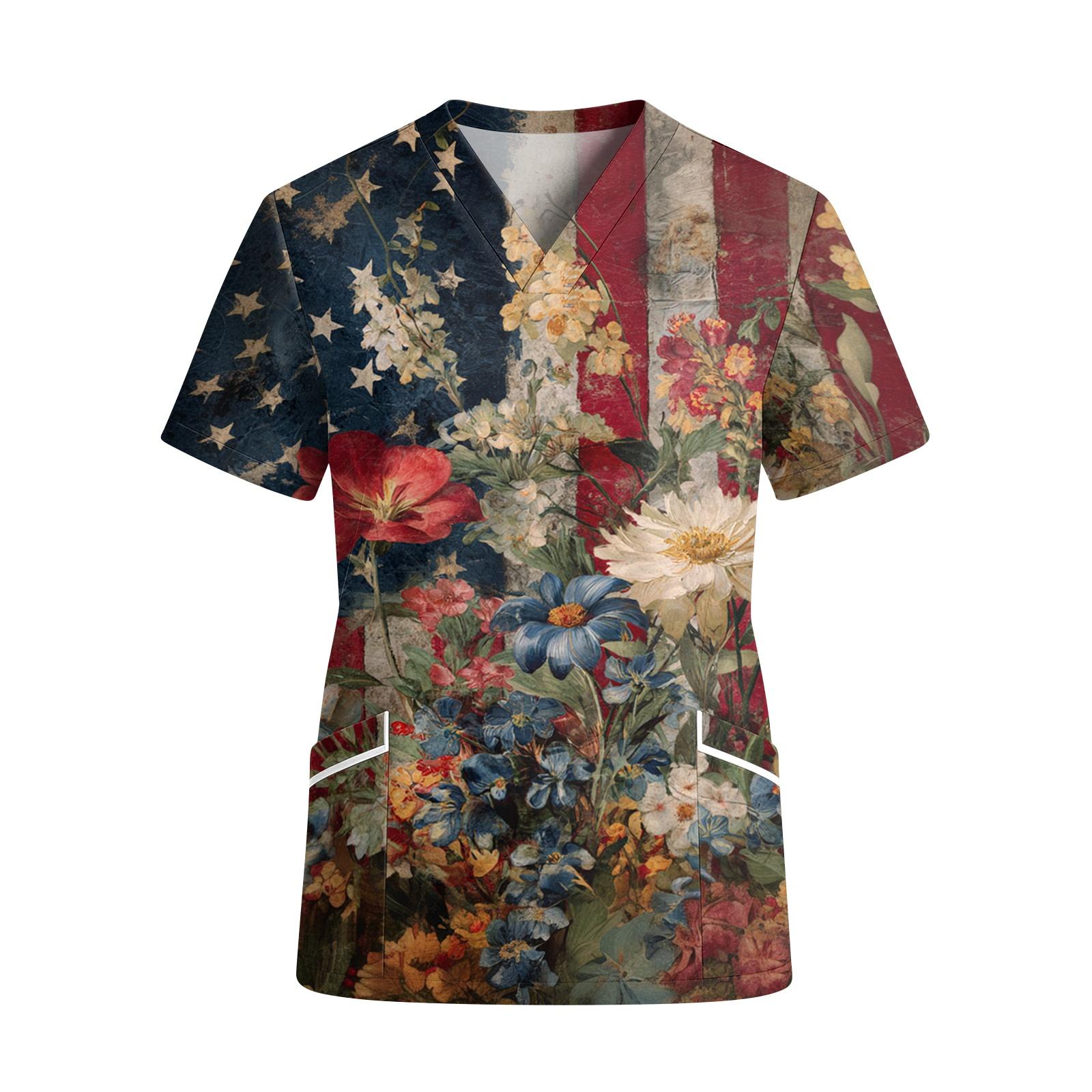 

Women s V Neck Short Sleeve Work Shirt with Pocket Independence Day Print Casual Top Lightweight Breathable Fabric Comfortable Fit XL