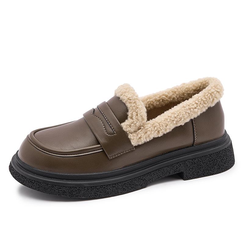 

Кожаный бархат маленькие кожаные туфли женские 2025 зима новые пушистые одинарные туфли ретро британские лоферы Мэри Джейн хлопковые туфли 40