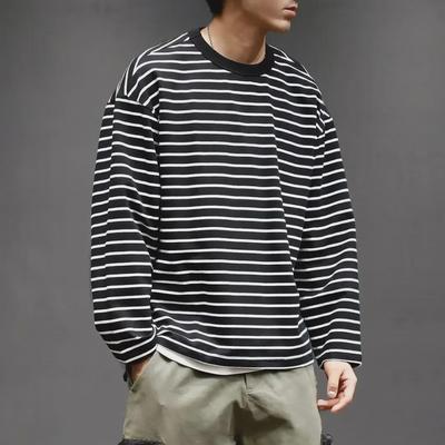 Men's Korean Style Black & White Striped Long-Sleeve T-Shirt - American College Round Neck
