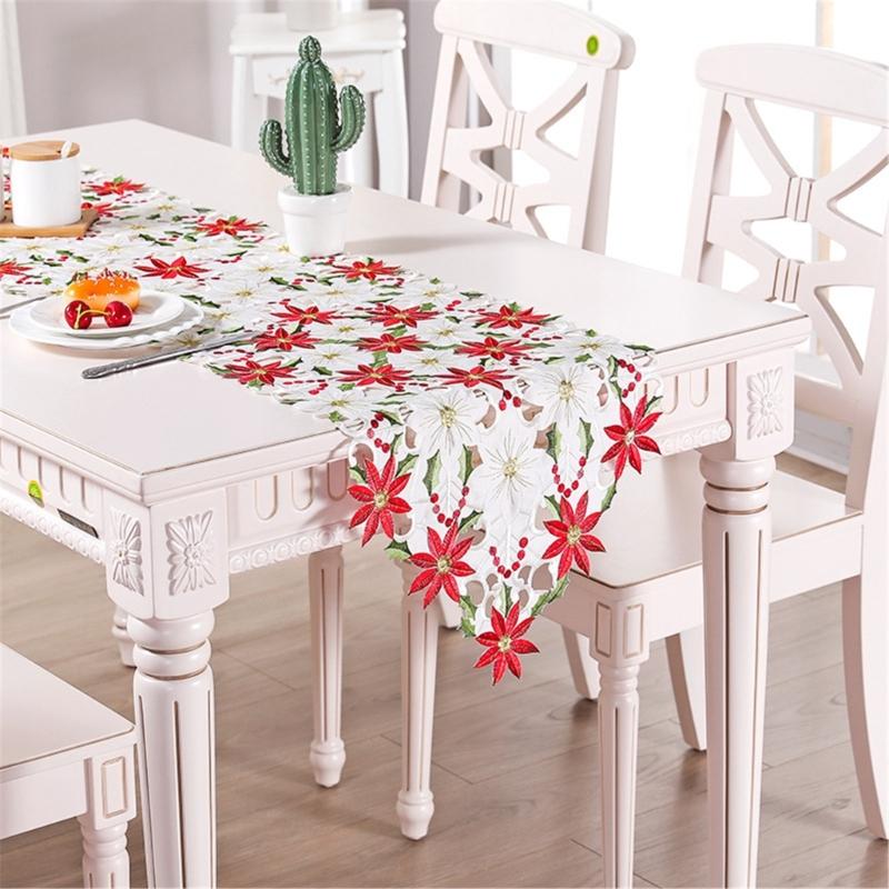Linen Table Runner Long Embroidered Rustic Table Linen Flower Pattern Hollow Table Cover Dining Room Decoration Home Use