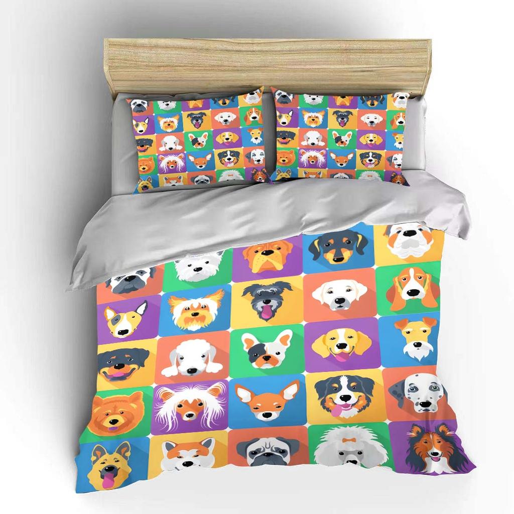 3pcs Various cartoon dog faces Print Bedding Set 1 Duvet Cover 2 Pillowcases for Adult and Children Luxury Gift Full Size