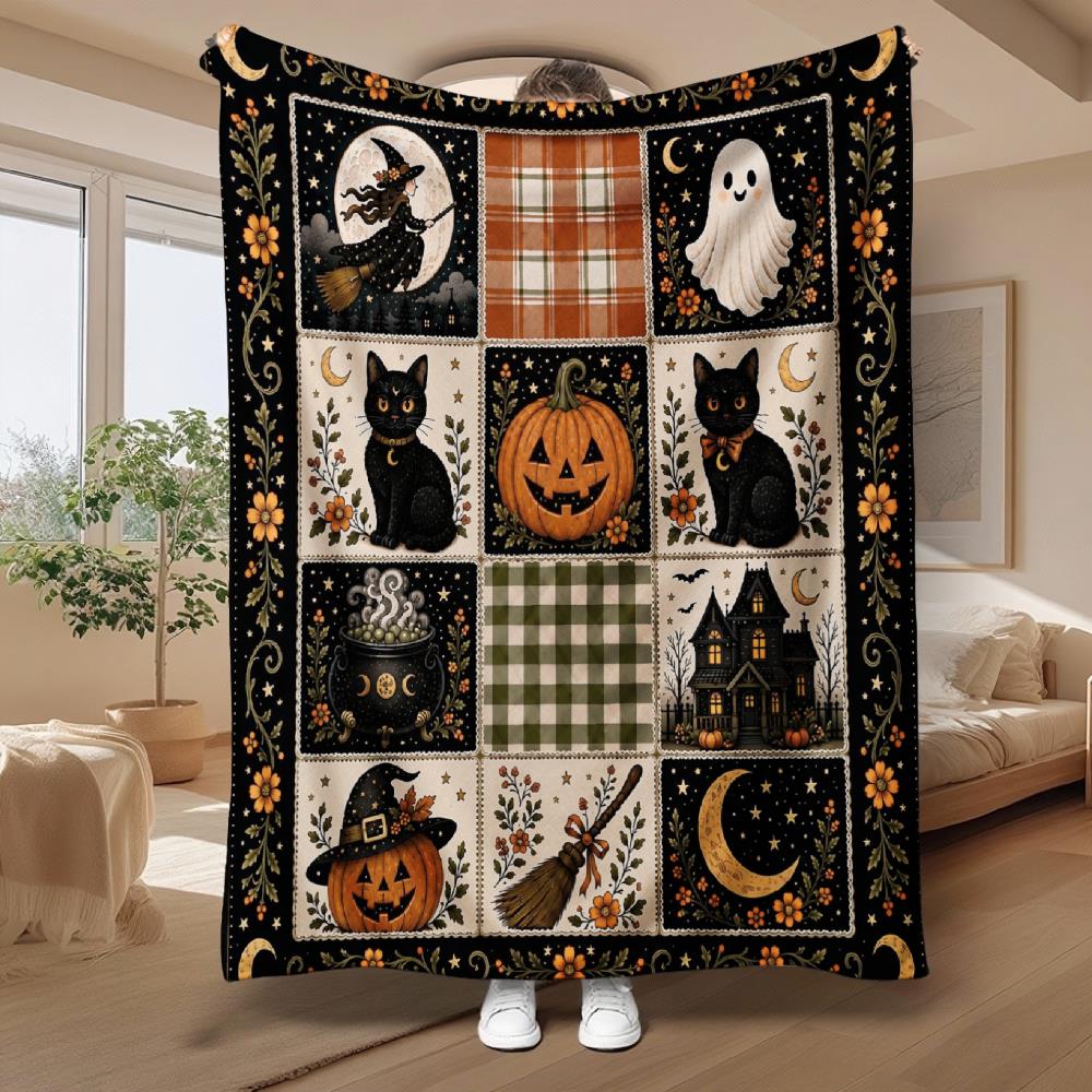Halloween Patch Family Gift Blanket Witch Cat Pumpkin Design Home Decor Soft Cozy Multi-Purpose 280Gsm