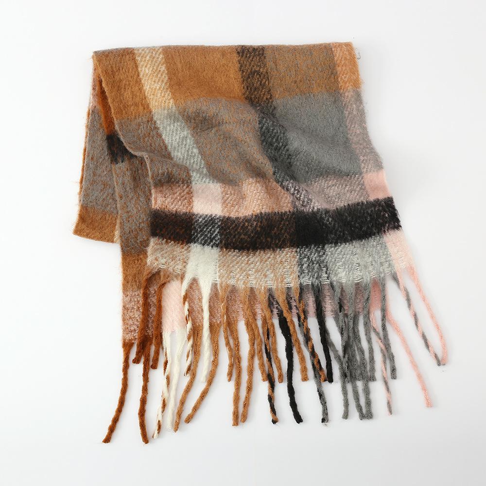 

New mohair scarf women s autumn and winter thickened warm circle yarn fringed plaid scarf shawl