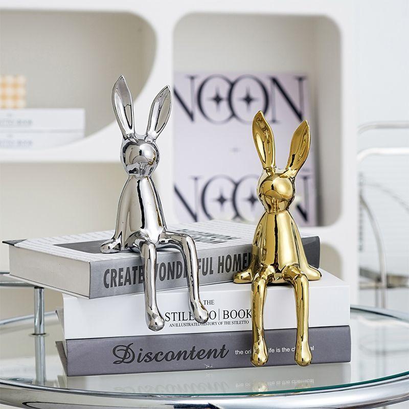 Figurine de Lapin Assis en Céramique Électroplaqué Mignon Sculpture Décorative d'Animal pour Pâques Décoration d'Intérieur Ornement d'Étagère de Bureau