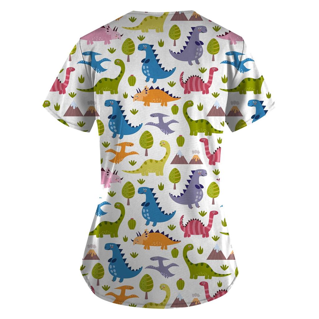 Women's Cute Animals Printed Short Sleeve V-neck Tops Working Pocket Blouse