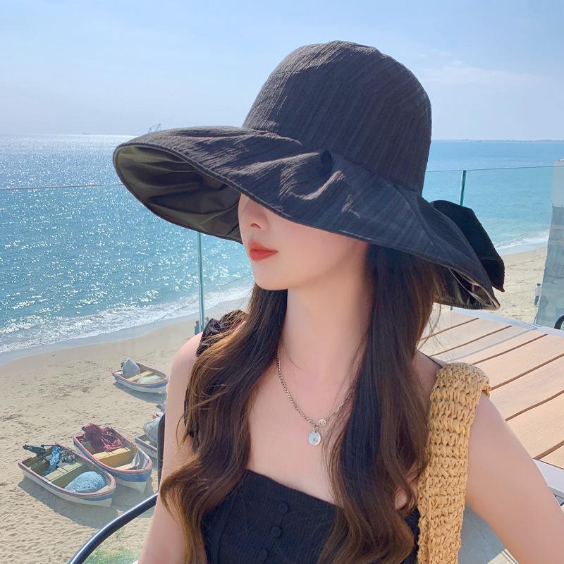 Summer New Hat Women's Solid Color Versatile Color Glue Bow Bucket Hat Outdoor Folding Sun Protection Cover