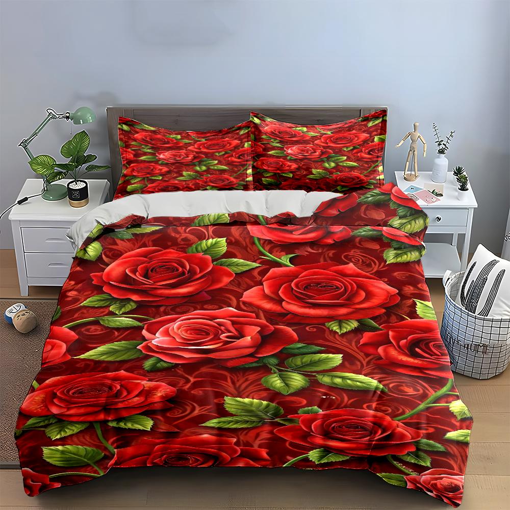 Elegant Red Roses Pattern Bedding Set (1 duvet cover, 2 pillowcases, duvet not included) sofas