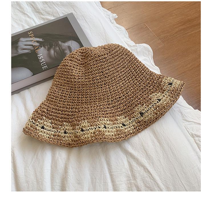 Fashionable Round Top Straw Hat For Women Sunshade Uv Protection Beach Hat