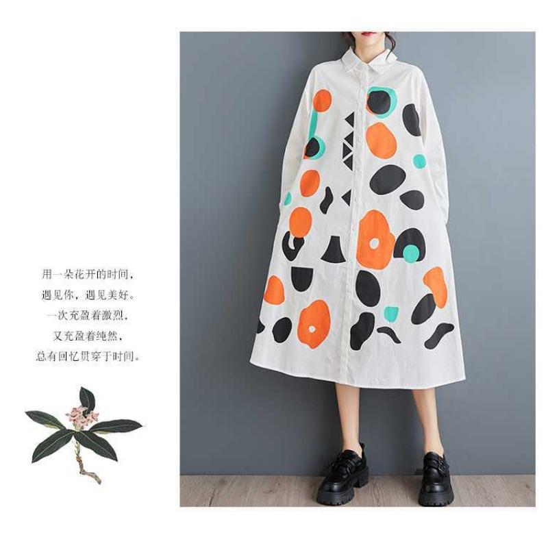 New Loose Large Size Printing Splicing Casual Simple Sweet Long-sleeved Dresses