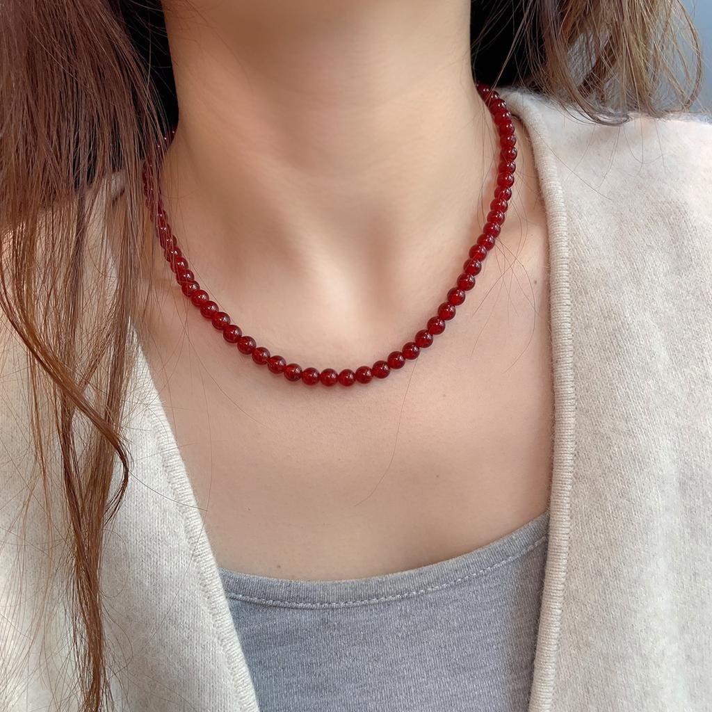 Natural Red Agate Beaded Necklace Women Vintage Round Carnelian Choker Necklaces Elegant Daily Wear Jewelry