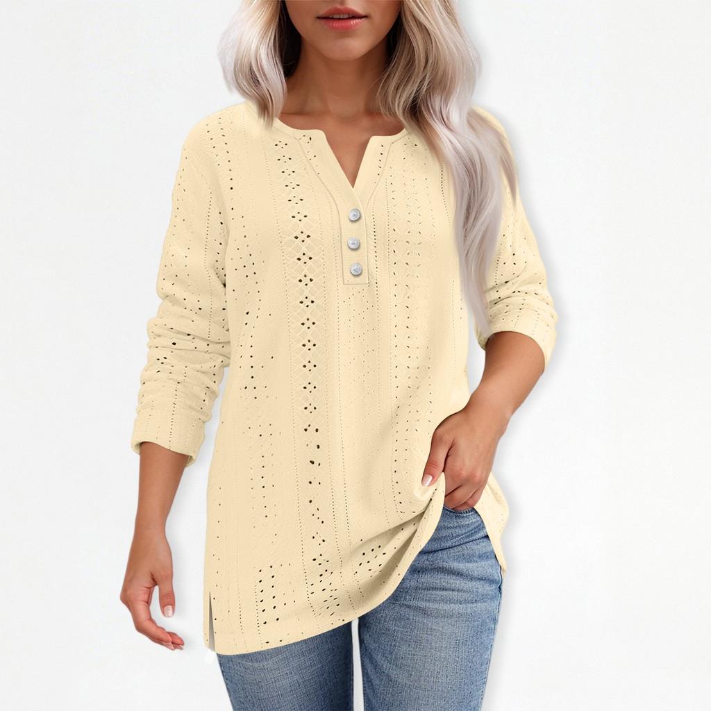 T-skjorte for kvinner T-skjorte med knapp 3/4 ermer Daglig helgmote Basic V-hals vanlig topp