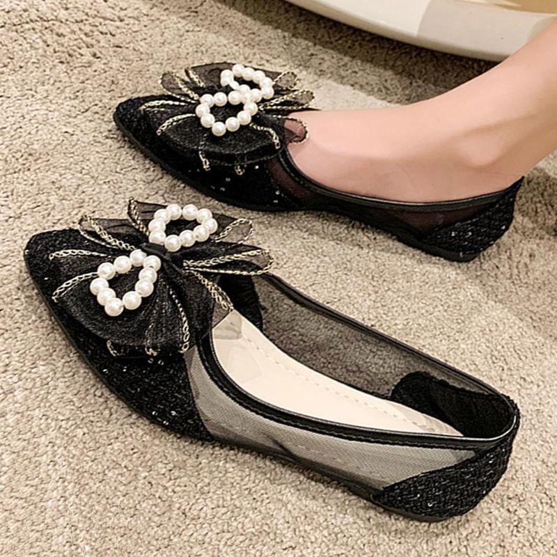 

Fashion Summer Pointed Toe Pearl With Bow Mesh Breathable Shoes for Women 2025 Quick Delivery Chic and Elegant Comfortable Woman Flats 35