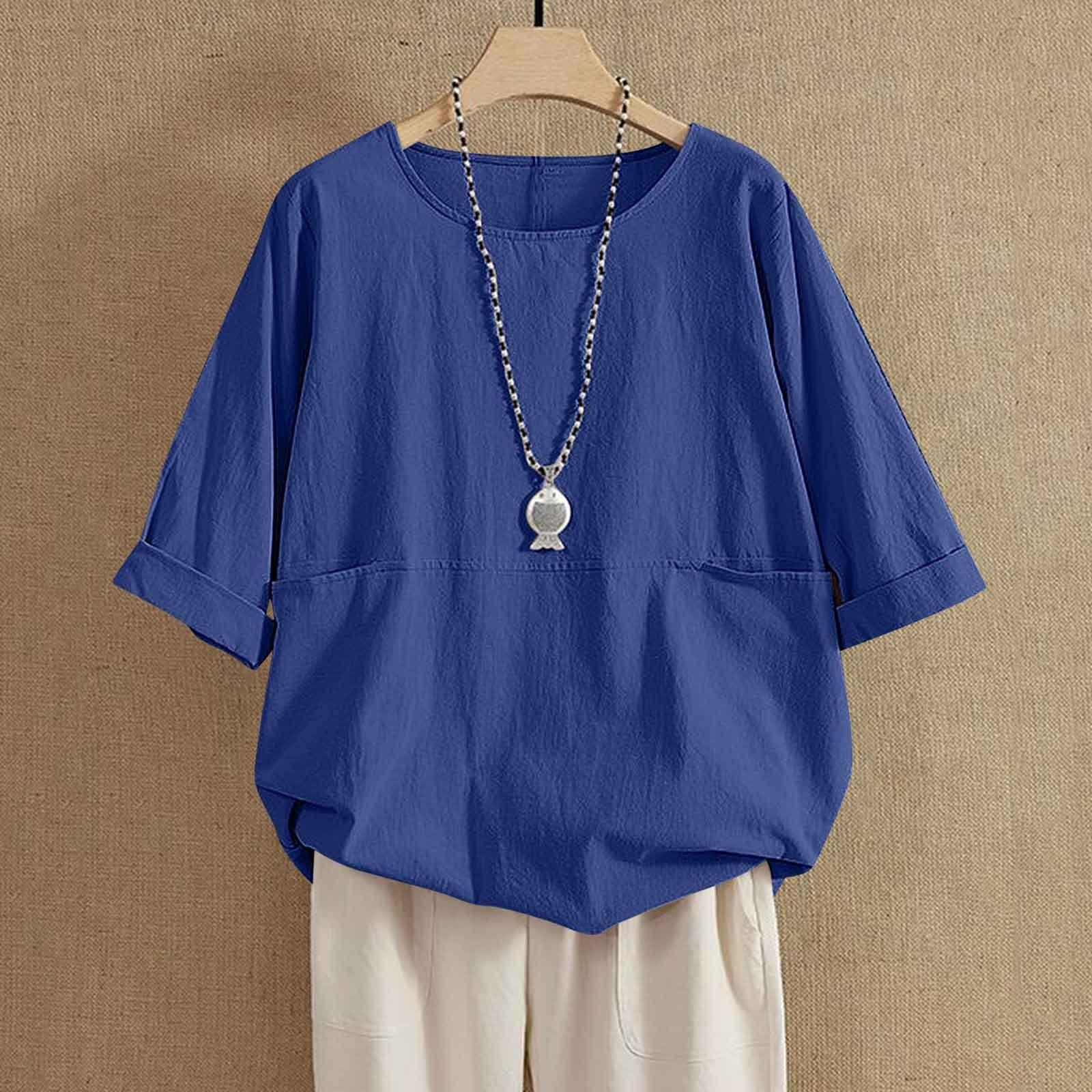 

Женская рубашка из хлопка и льна, однотонная, рукав 1/2, свободная рубашка с круглым вырезом и пуговицами S синий