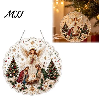 DIY Sparkling Christmas Art Faux Pearl Painting Suncatcher Kit, 3D Nativity/Santa Claus/Bird/Tree Holiday Window Hanging Decor Beads
