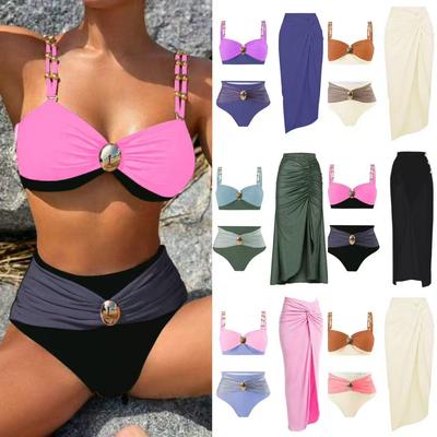 2026 European Split Swimsuit Set: Women's Gold Plated High Waist Color Block Bikini
