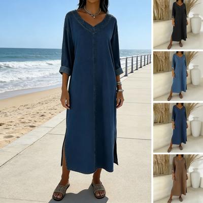 Damen Faux Denim Maxikleid V-Ausschnitt 46085 Ärmel Locker Lang